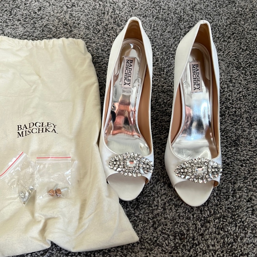 Badgley Mischka white jeweled pumps